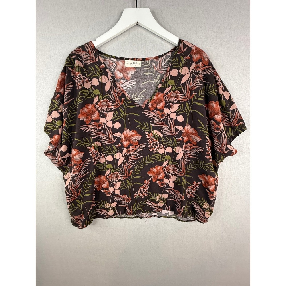 Natural Life Easy V-Neck Top Womens S Brown Floral Boho Rayon Oversized Earthy
